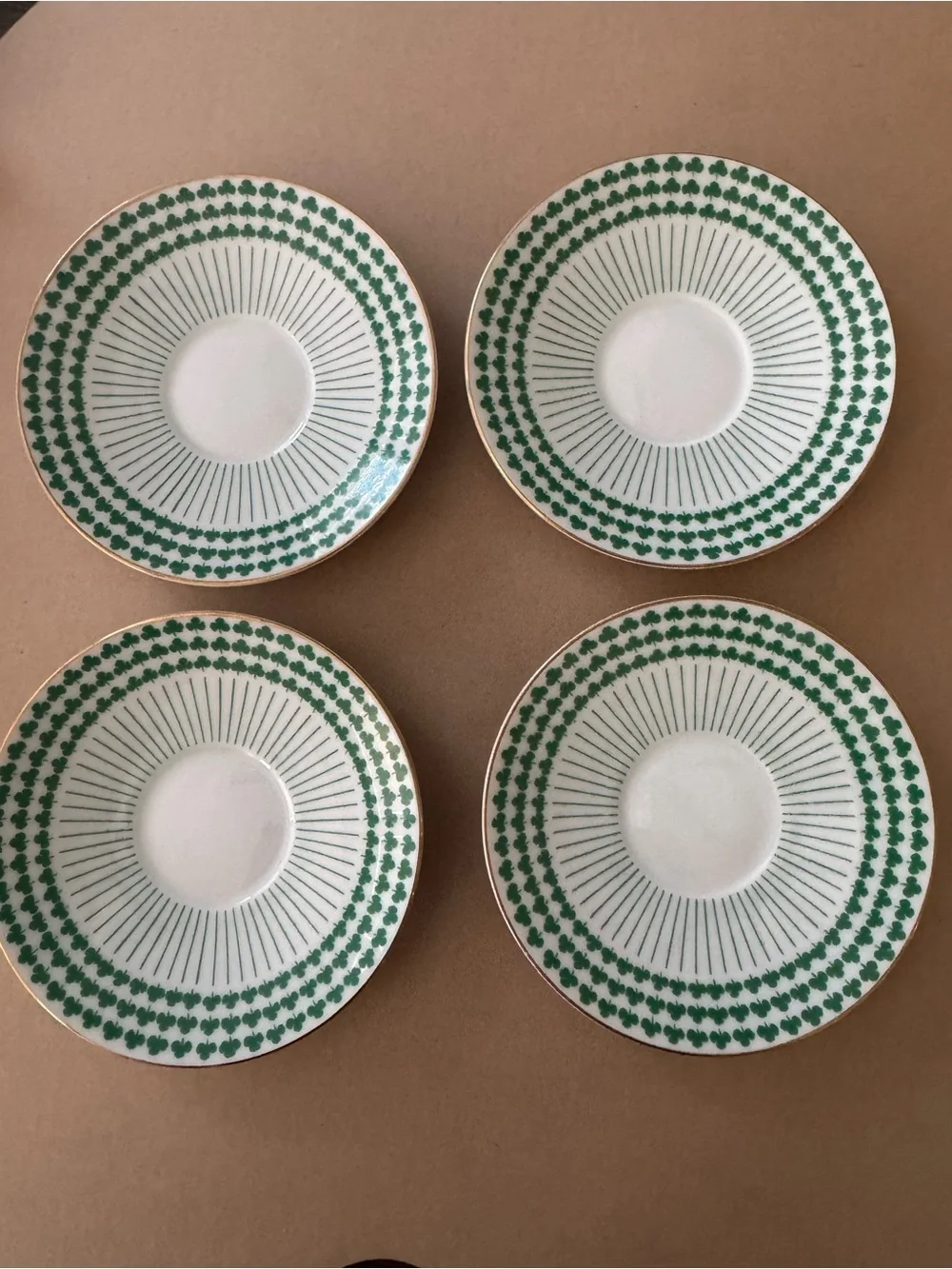 Neiman Marcus White Porcelain Saucers with Green Clover Motif and Gold Trim